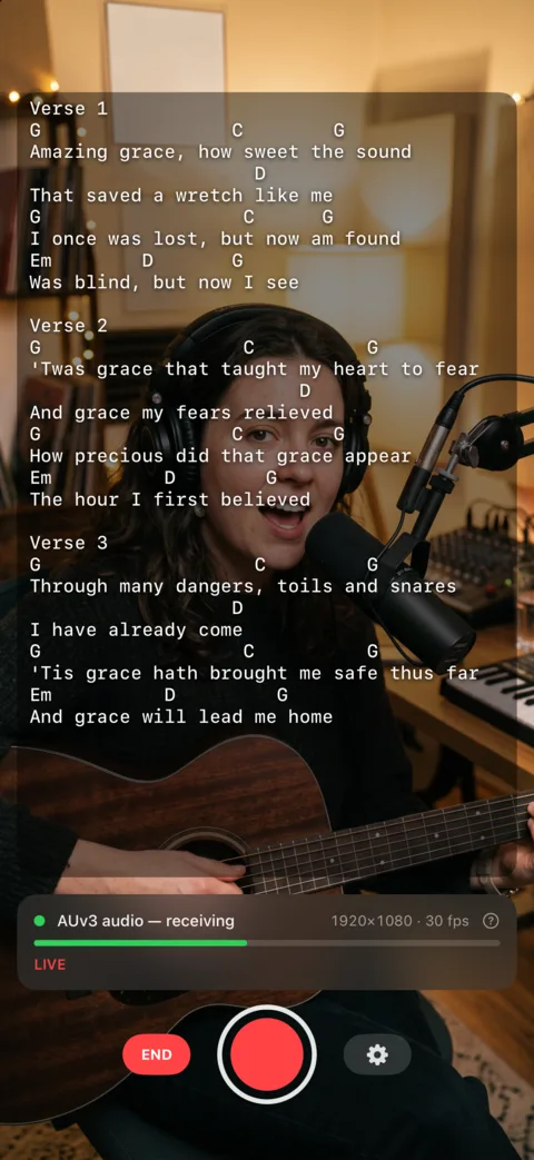 A live broadcast in progress, with the chord sheet on screen